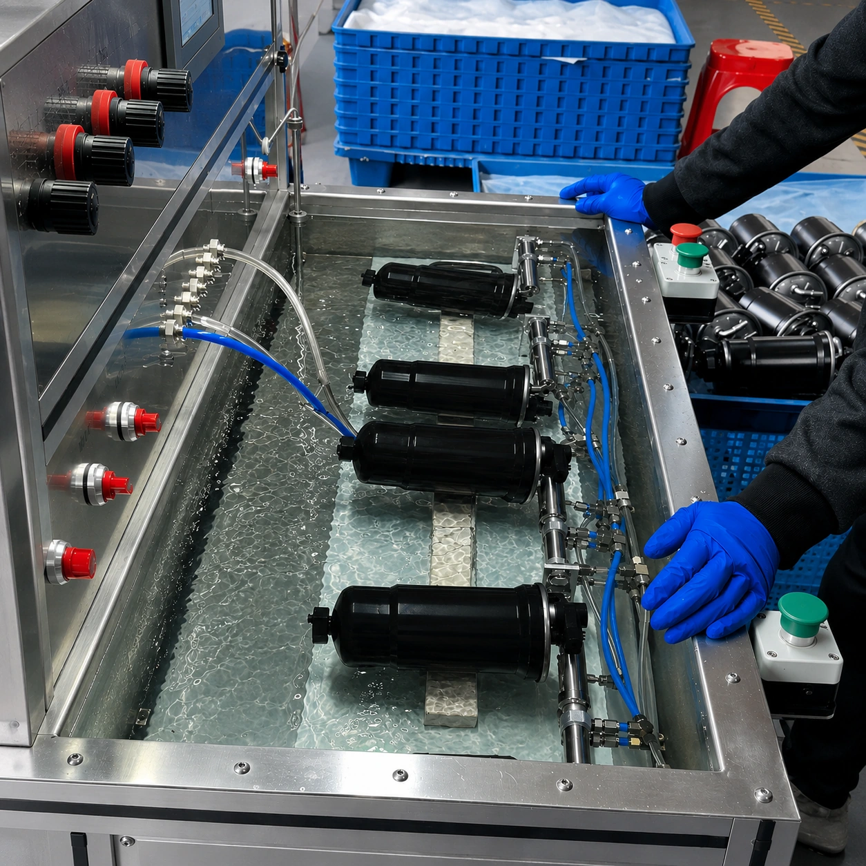 Automotive filter inspection and leak-testing process