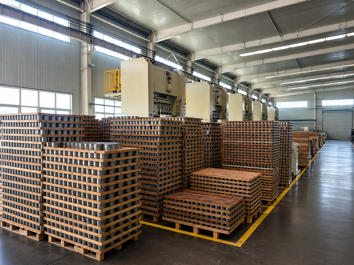 Automotive filter manufacturing floor with production equipment and filter components