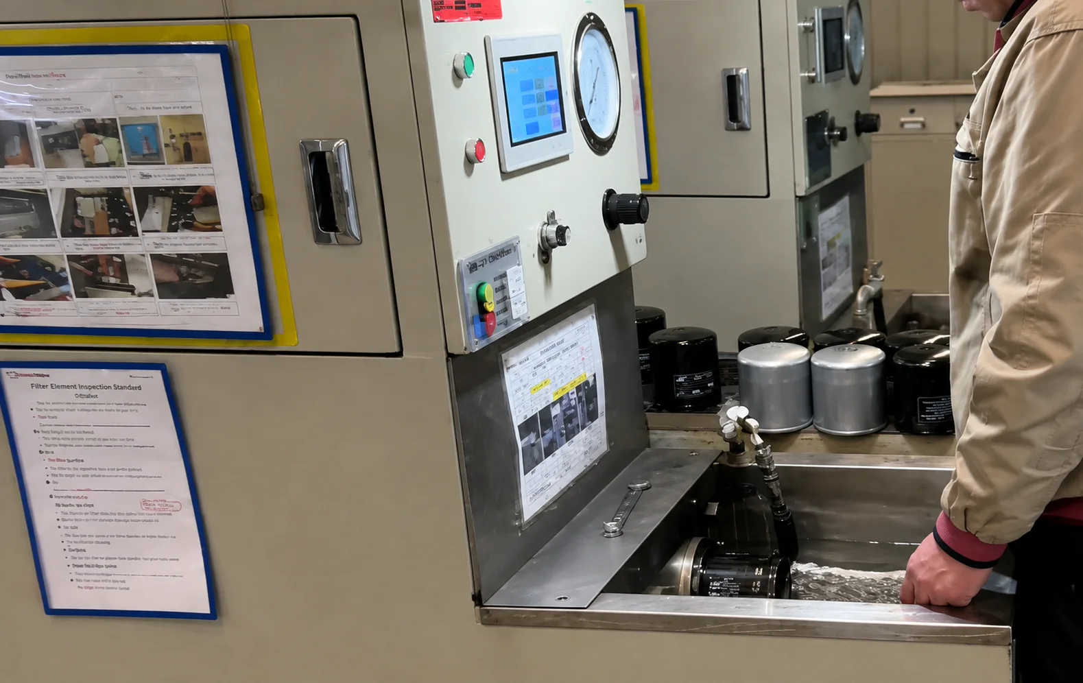 Operator inspecting oil filters using factory testing equipment